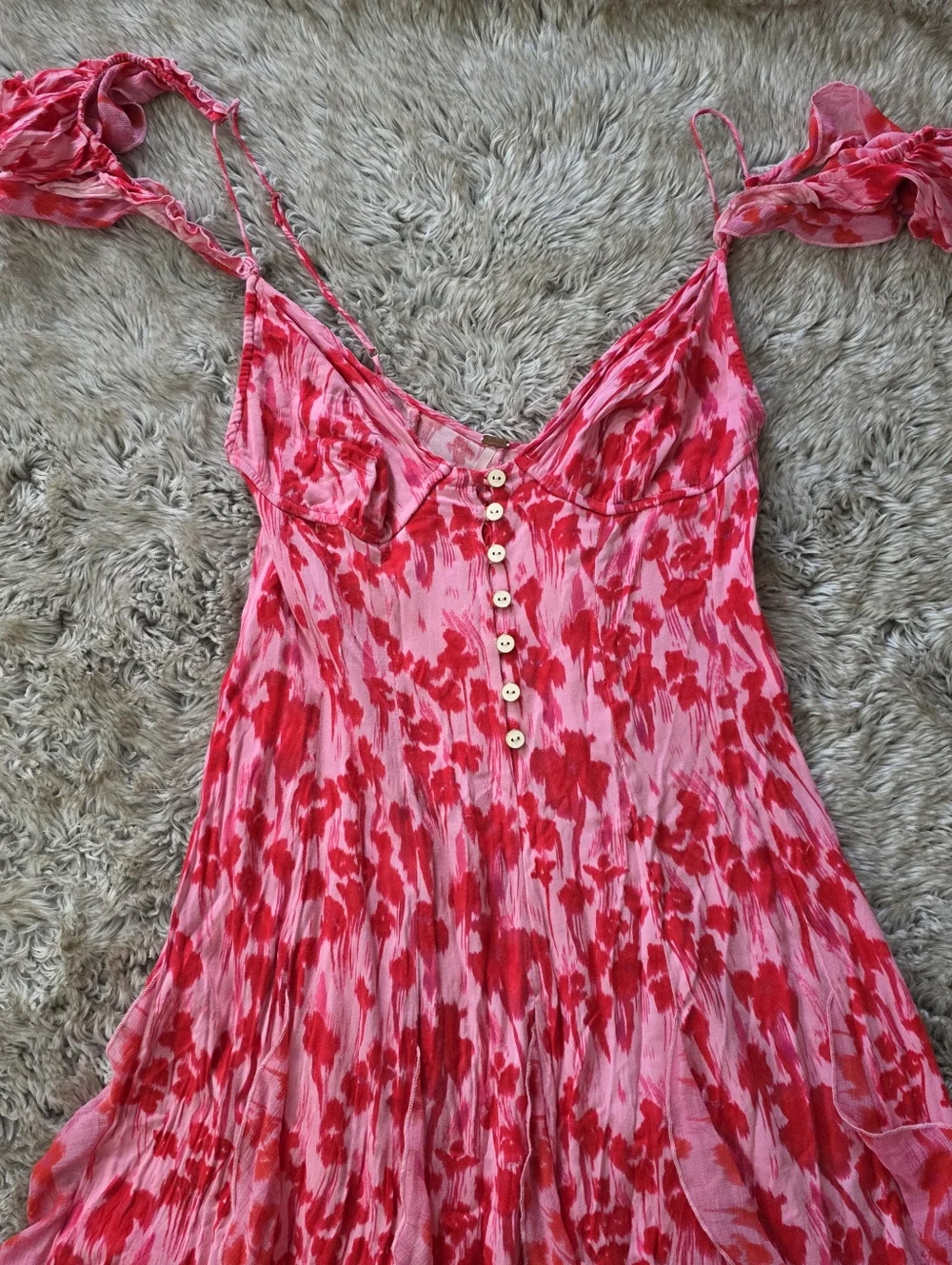 Free People Endless Cascades Maxi‎ Dress Off The Shoulder Pink And Red